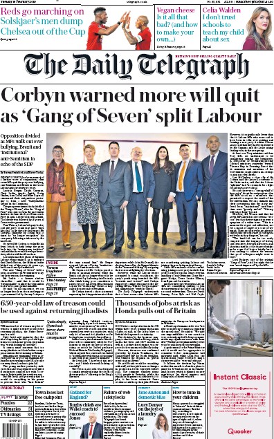 The Daily Telegraph (UK) Newspaper Front Page for 19 February 2019