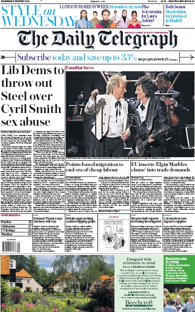 The Daily Telegraph Newspaper Front Page for 19 February 2020