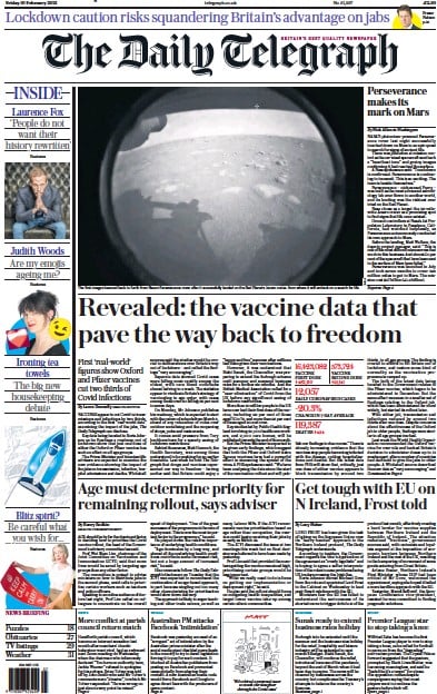 The Daily Telegraph Newspaper Front Page for 19 February 2021