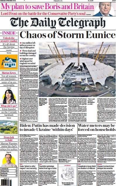The Daily Telegraph Newspaper Front Page for 19 February 2022