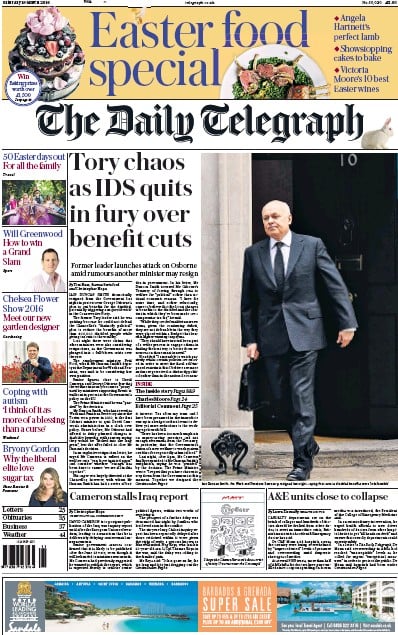 The Daily Telegraph Newspaper Front Page for 19 March 2016