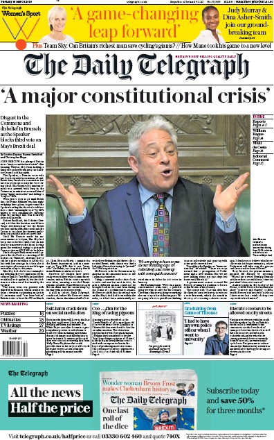 The Daily Telegraph Newspaper Front Page for 19 March 2019