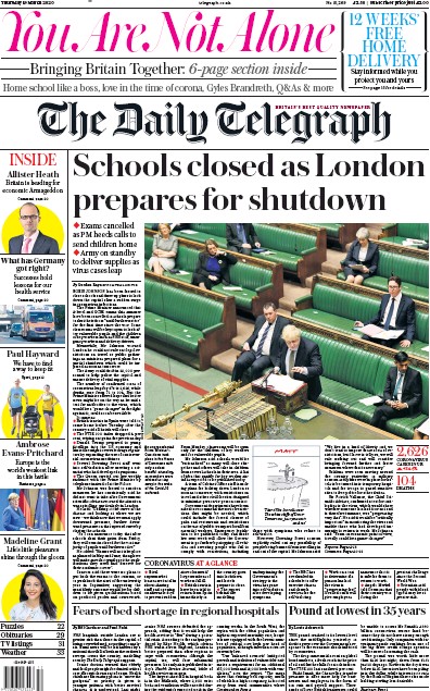 The Daily Telegraph Newspaper Front Page for 19 March 2020