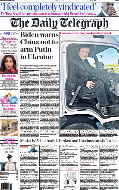 The Daily Telegraph (UK) Newspaper Front Page for 19 March 2022