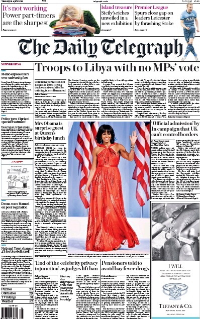 The Daily Telegraph (UK) Newspaper Front Page for 19 April 2016