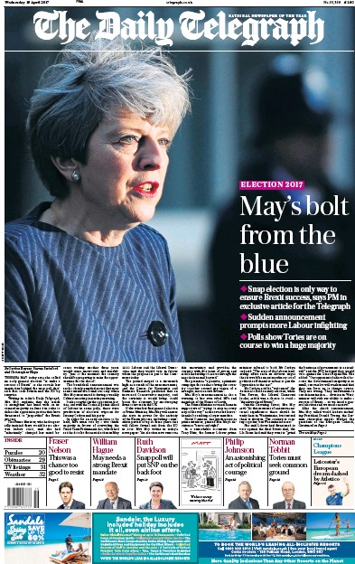 The Daily Telegraph Newspaper Front Page for 19 April 2017