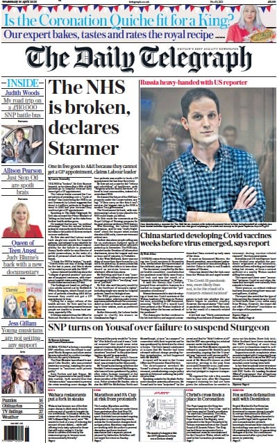 The Daily Telegraph (UK) Newspaper Front Page for 19 April 2023