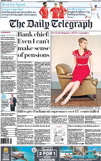 The Daily Telegraph (UK) Newspaper Front Page for 19 May 2016