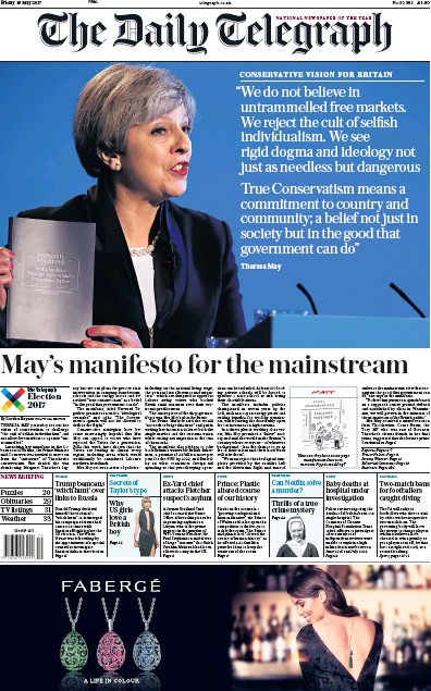 The Daily Telegraph (UK) Newspaper Front Page for 19 May 2017