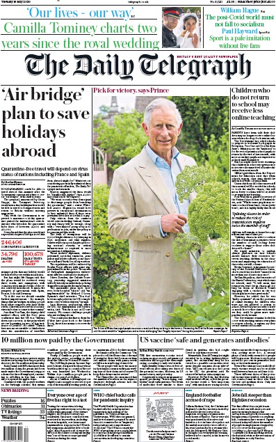 The Daily Telegraph (UK) Newspaper Front Page for 19 May 2020