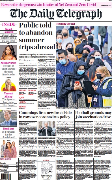 The Daily Telegraph Newspaper Front Page for 19 May 2021