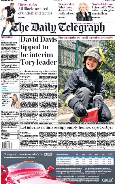 The Daily Telegraph Newspaper Front Page for 19 June 2017