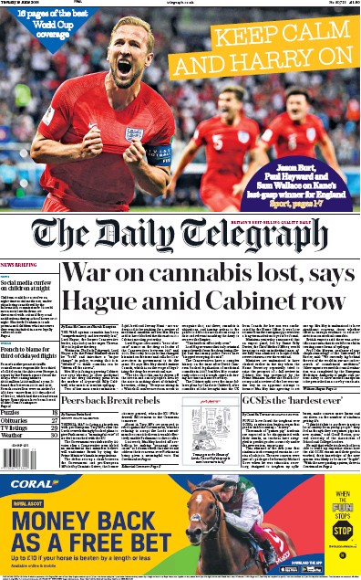 The Daily Telegraph Newspaper Front Page for 19 June 2018