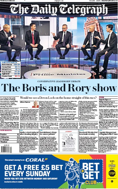 The Daily Telegraph Newspaper Front Page for 19 June 2019