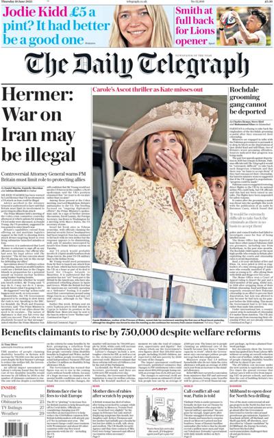The Daily Telegraph (UK) Newspaper Front Page for 19 June 2025