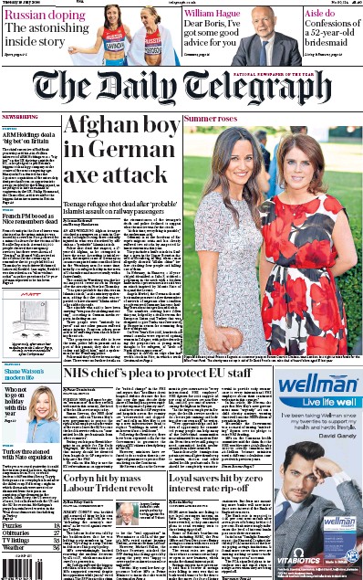 The Daily Telegraph Newspaper Front Page for 19 July 2016