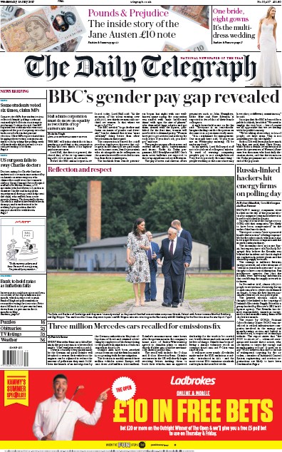 The Daily Telegraph Newspaper Front Page for 19 July 2017