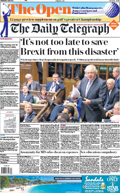 The Daily Telegraph Newspaper Front Page for 19 July 2018