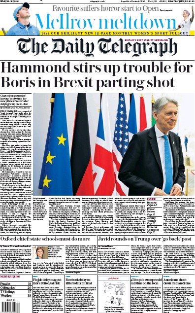 The Daily Telegraph Newspaper Front Page for 19 July 2019