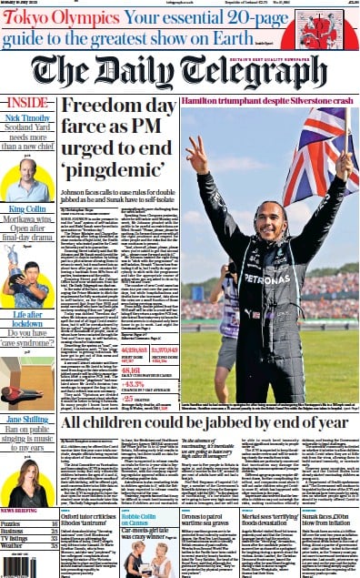 The Daily Telegraph (UK) Newspaper Front Page for 19 July 2021