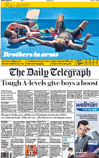 The Daily Telegraph (UK) Newspaper Front Page for 19 August 2016