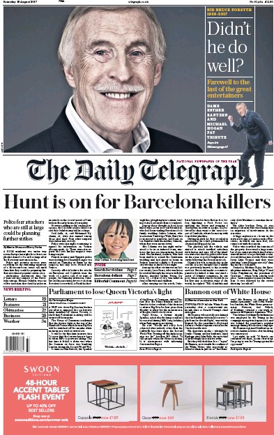 The Daily Telegraph Newspaper Front Page for 19 August 2017