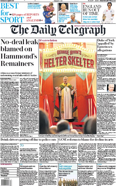The Daily Telegraph Newspaper Front Page for 19 August 2019