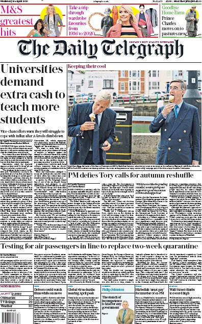 The Daily Telegraph Newspaper Front Page for 19 August 2020