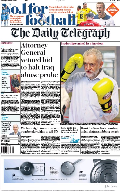 The Daily Telegraph Newspaper Front Page for 19 September 2016