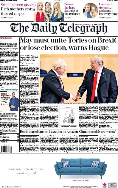 The Daily Telegraph Newspaper Front Page for 19 September 2017