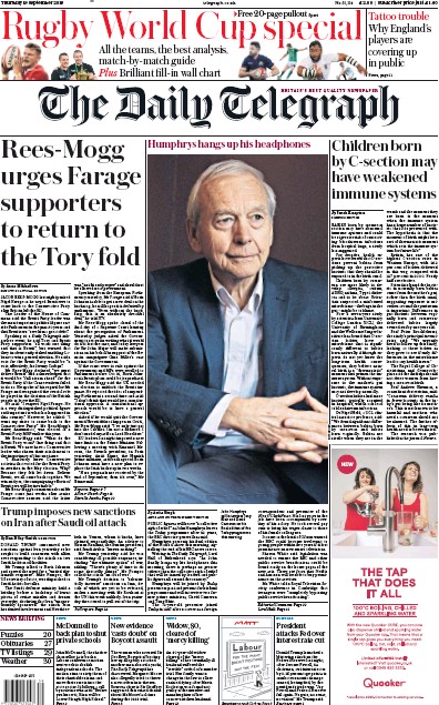 The Daily Telegraph Newspaper Front Page for 19 September 2019