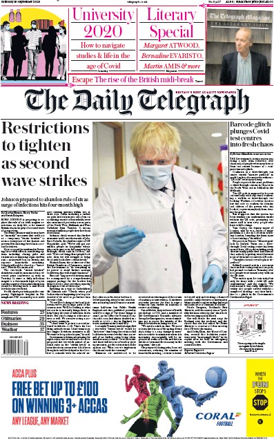 The Daily Telegraph Newspaper Front Page for 19 September 2020