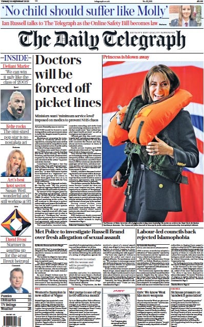 The Daily Telegraph (UK) Newspaper Front Page for 19 September 2023