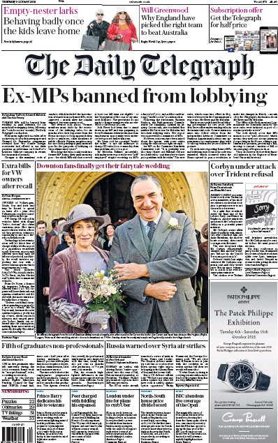 The Daily Telegraph (UK) Newspaper Front Page for 1 October 2015