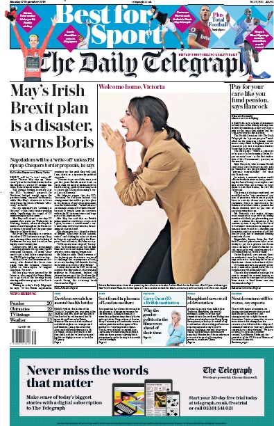 The Daily Telegraph (UK) Newspaper Front Page for 1 October 2018