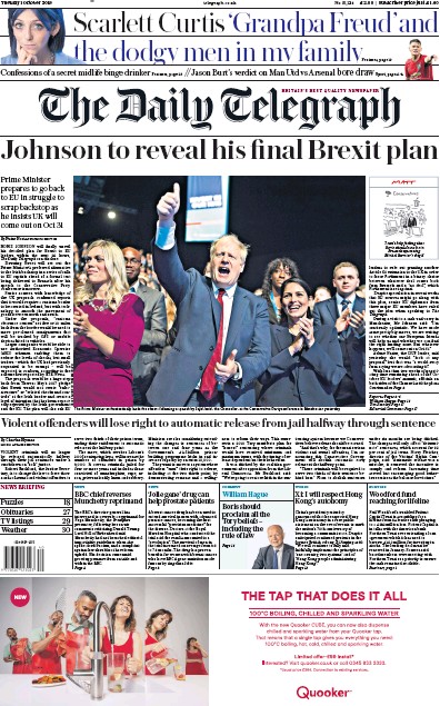The Daily Telegraph Newspaper Front Page for 1 October 2019