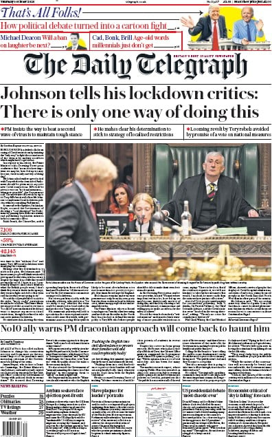 The Daily Telegraph Newspaper Front Page for 1 October 2020