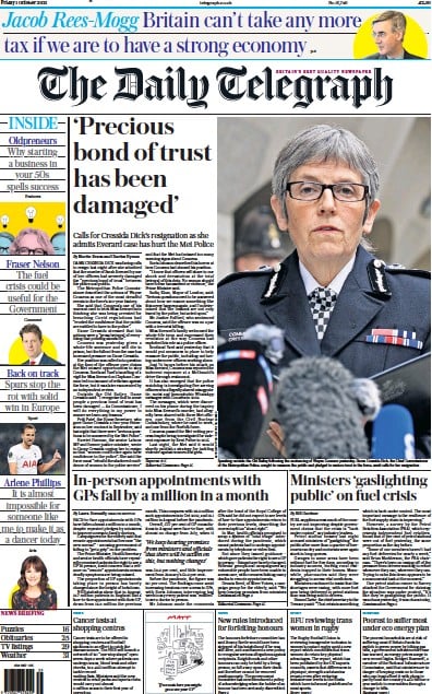 The Daily Telegraph (UK) Newspaper Front Page for 1 October 2021