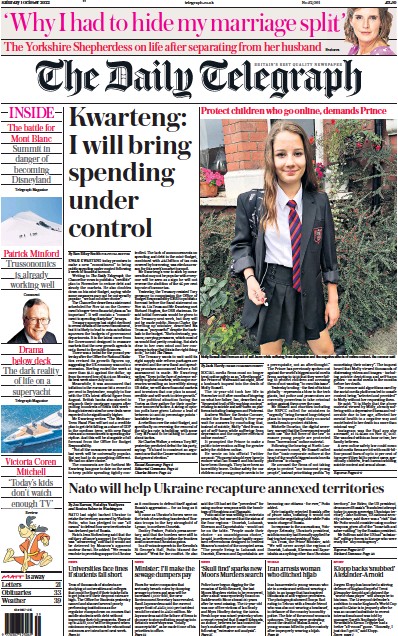 The Daily Telegraph (UK) Newspaper Front Page for 1 October 2022