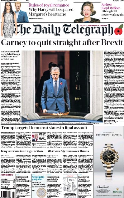 The Daily Telegraph Newspaper Front Page for 1 November 2016