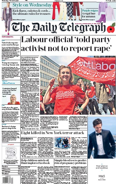 The Daily Telegraph Newspaper Front Page for 1 November 2017