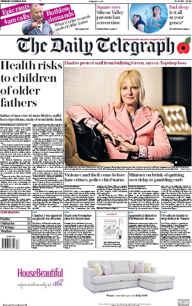 The Daily Telegraph (UK) Newspaper Front Page for 1 November 2018
