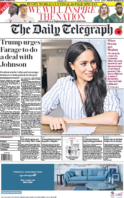 The Daily Telegraph Newspaper Front Page for 1 November 2019