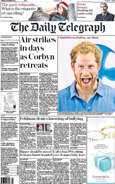 The Daily Telegraph (UK) Newspaper Front Page for 1 December 2015