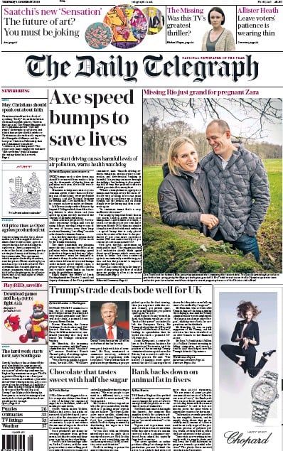 The Daily Telegraph Newspaper Front Page for 1 December 2016