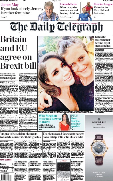 The Daily Telegraph Newspaper Front Page for 1 December 2017