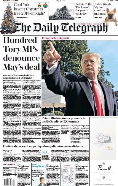 The Daily Telegraph (UK) Newspaper Front Page for 1 December 2018