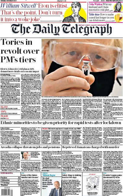 The Daily Telegraph Newspaper Front Page for 1 December 2020
