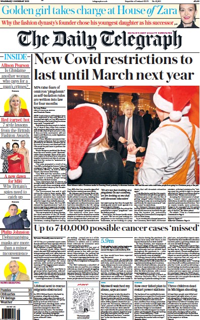 The Daily Telegraph (UK) Newspaper Front Page for 1 December 2021