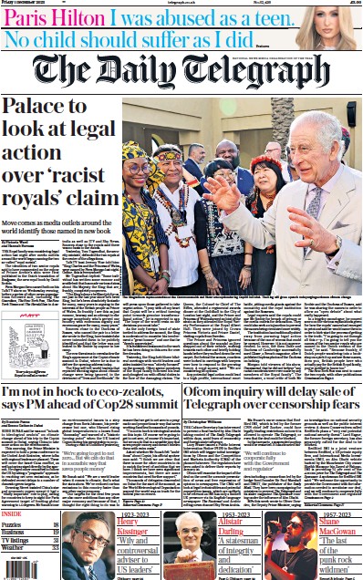 The Daily Telegraph (UK) Newspaper Front Page for 1 December 2023